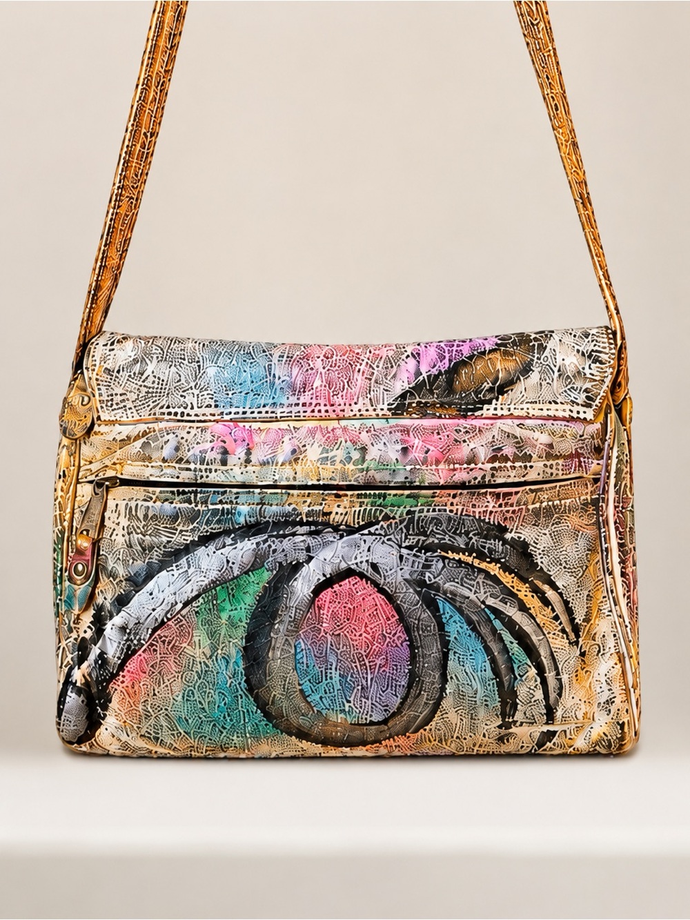 OOAK VTG 80s Custom Brit Rosen Leather Shoulder Bag Purse Hand Painted Signed - Picture 9 of 15